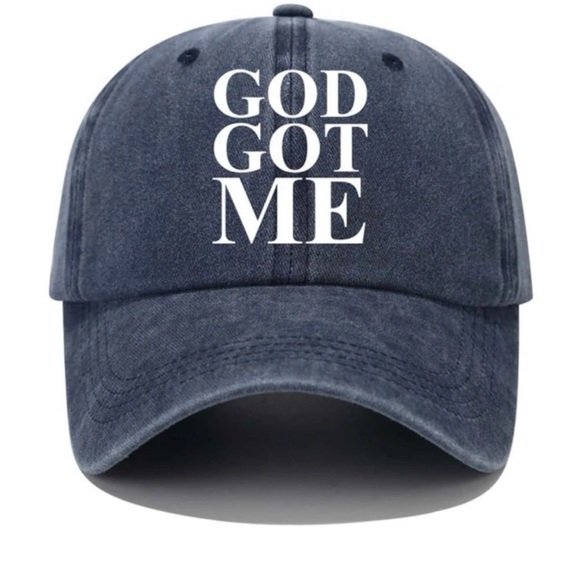 🙌🏽 ✨3 for $30 GOD GOT ME. Washed Denim Graphic Hat. Color: Blue/Black/ White - Picture 1 of 6